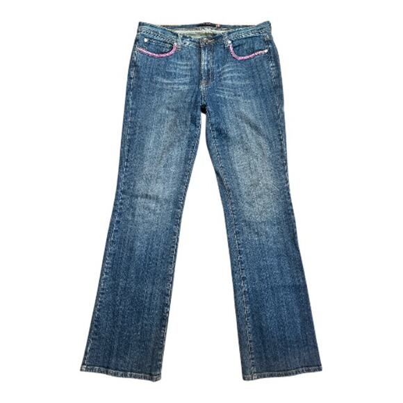 VTG Vertigo Md Wash Denim Pink Embellishment Pocket Trim Wide Leg Jeans Size 10 - Picture 1 of 7